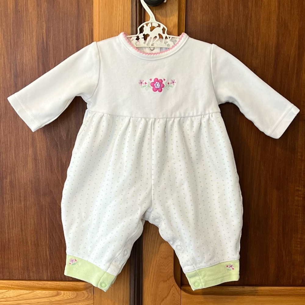 Vintage Nannette baby girl embroidered flower romper green polka dots pink 3M